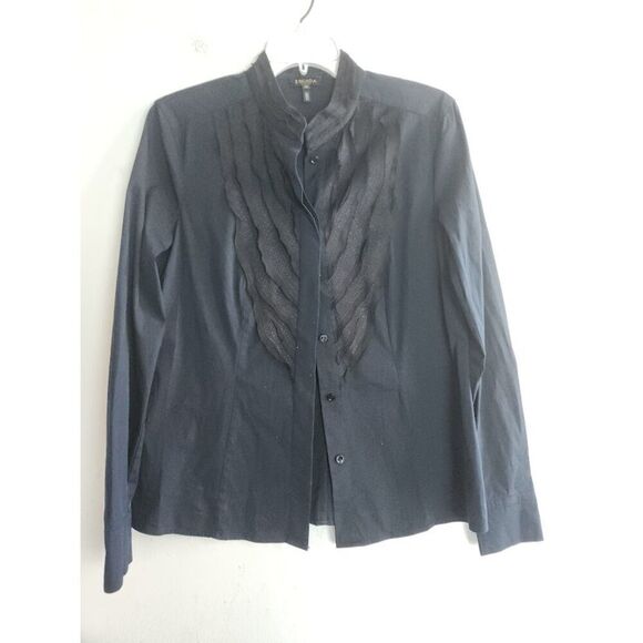 Escada Dark Navy Blue Band Collar Tule Front Detail Made in Germany Blouse EU36 - Picture 3 of 11